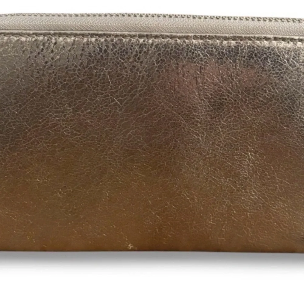 Tory Burch Metallic Silver-Gold Zip Wallet with Logo Medallion